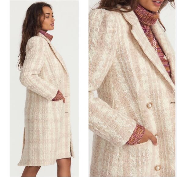 LoveShackFancy Asryn Tweed Double Breasted Winter White Long Coat Size XL - Picture 2 of 9